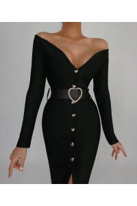 Dalgıç Kalp Düğme Detaylı Midi Elbise
